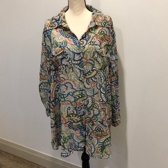 Sunny Leigh colourful button down shirt diamond buttons 3X Vneck roll up sleeves - Picture 1 of 11